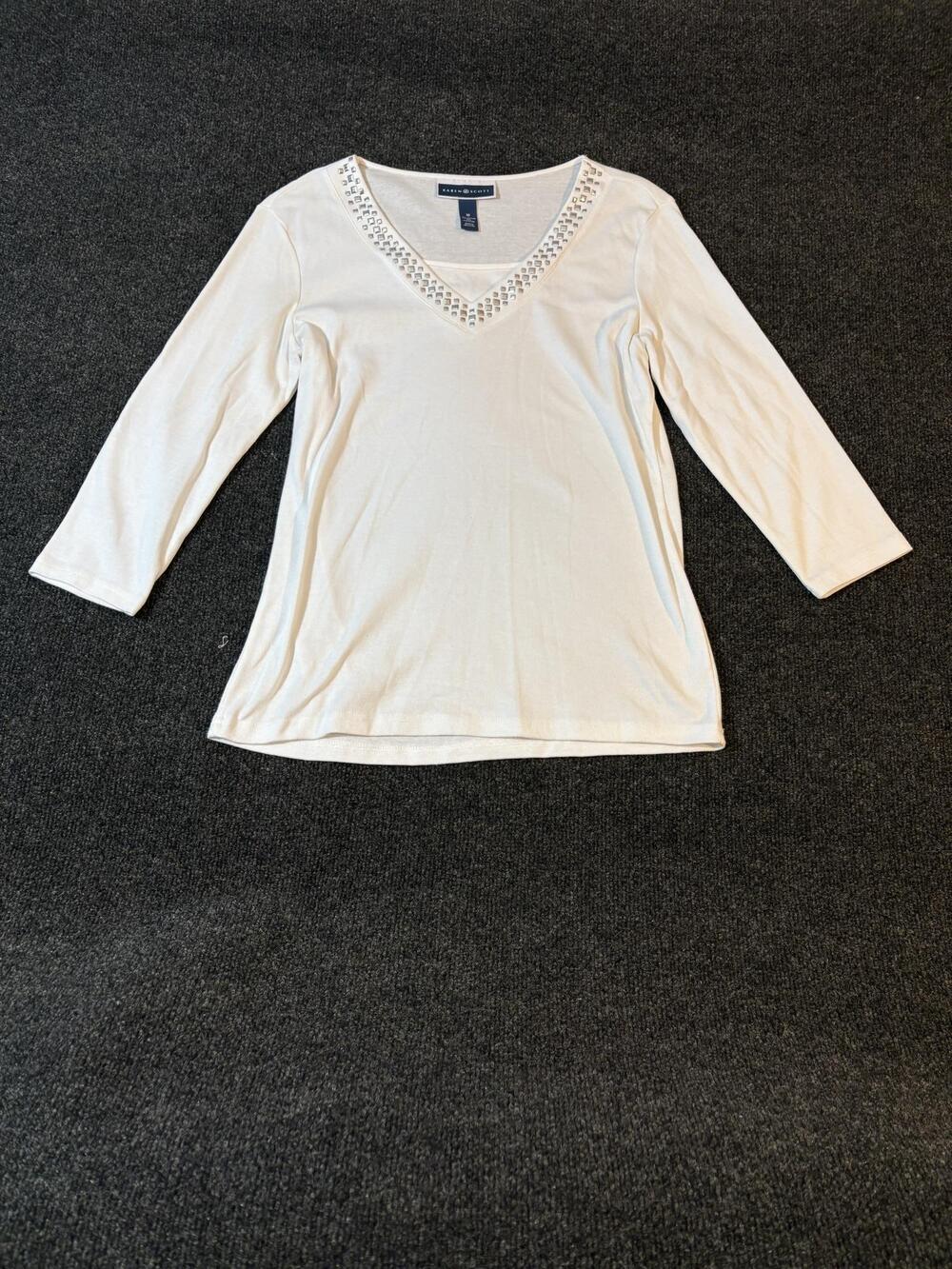 Karen Scott Shirt Womens M White Studded V Neck 3/4 Sleeve Jersey T Shirt Casual
